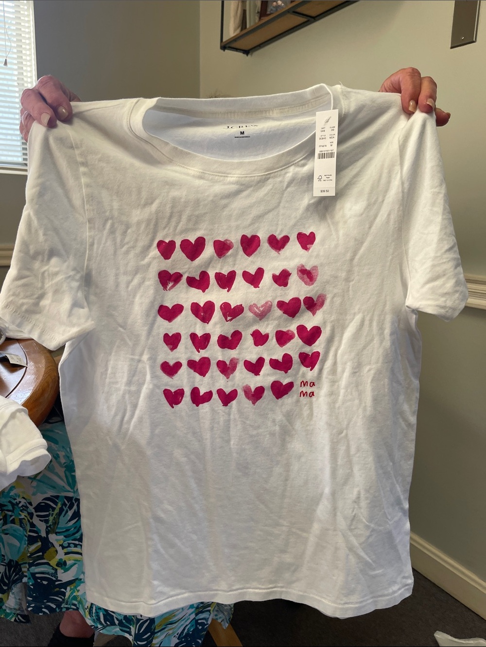 J-Crew White T-Shirt with Pink Heart Grid Size Medium Brand New with tags